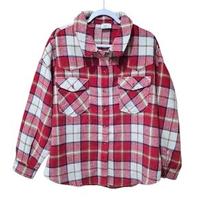 Neville Red Plaid Waffle Knit Flannel Shacket Jacket | Cozy Button Up | Size L